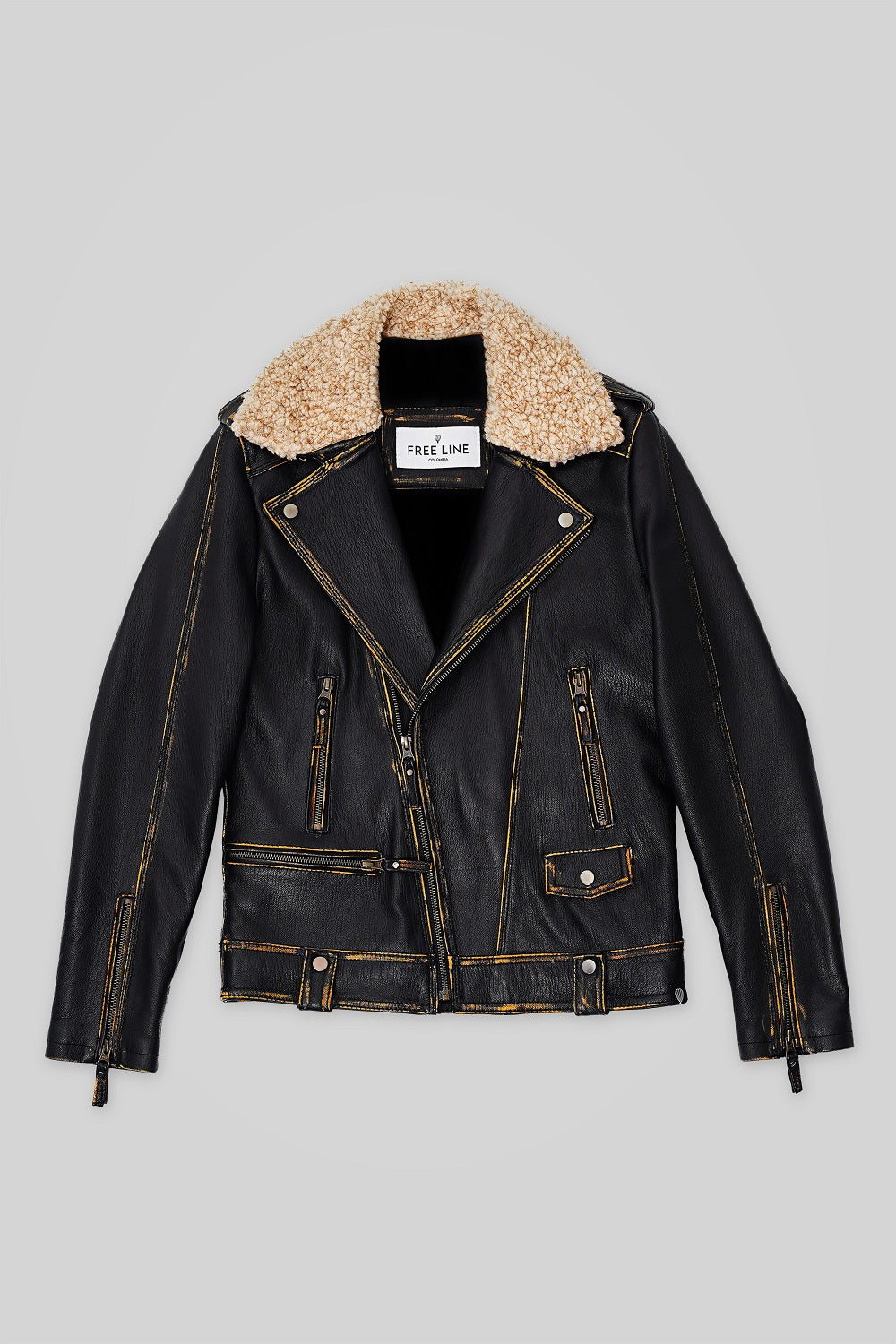 Chaqueta en cuero cuello ovejero Stone - Main Image