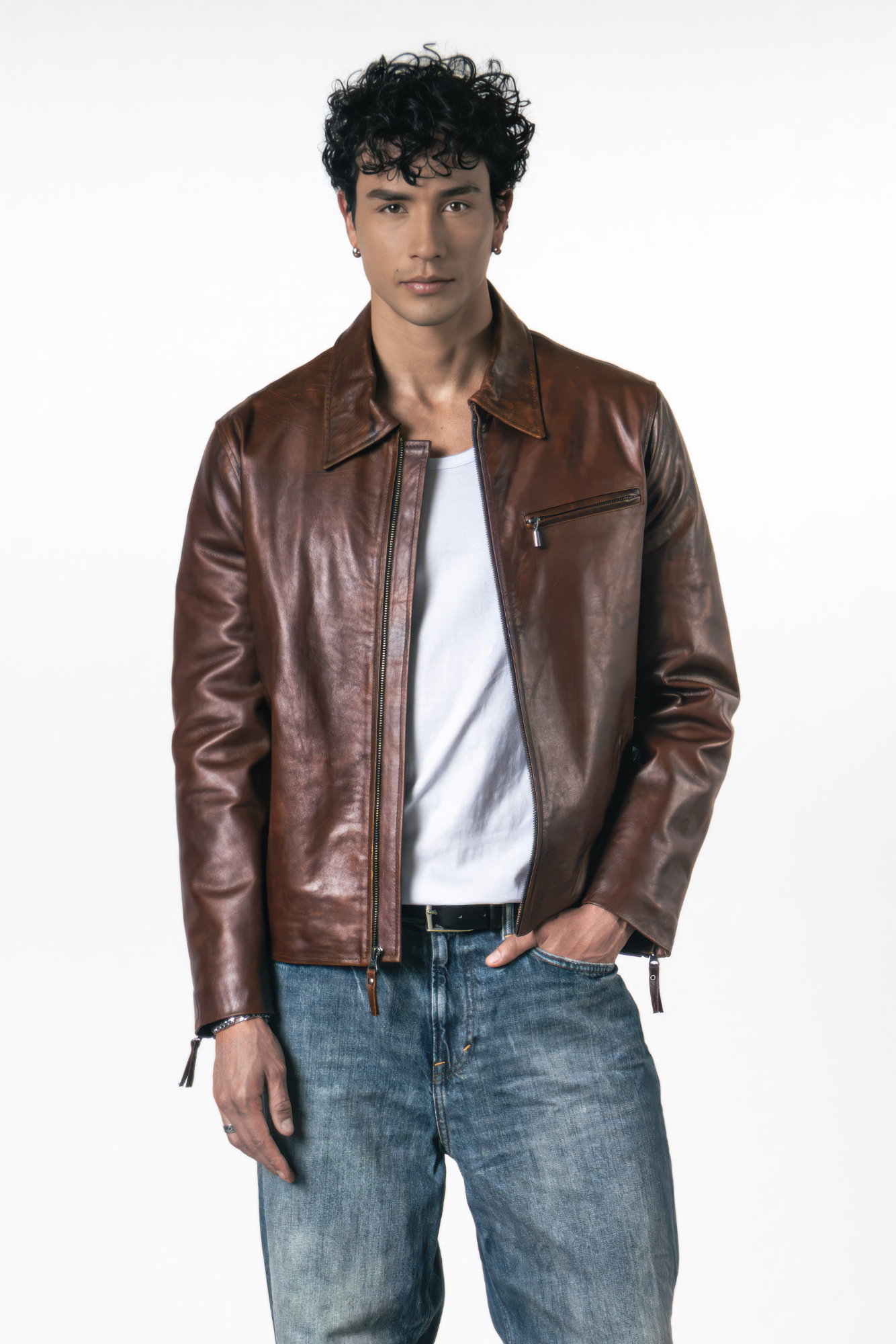 Cazadora en cuero California color coñac