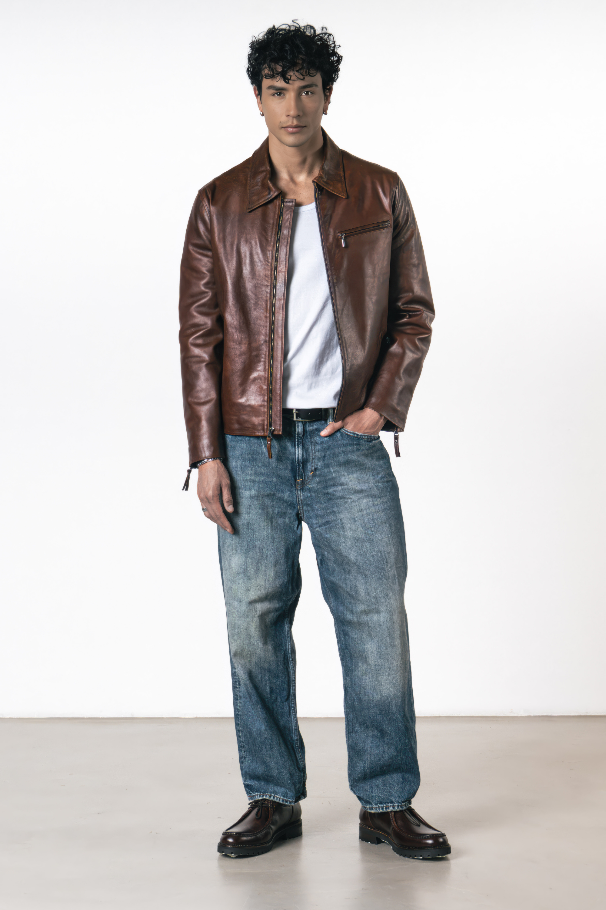 Cazadora en cuero California color coñac